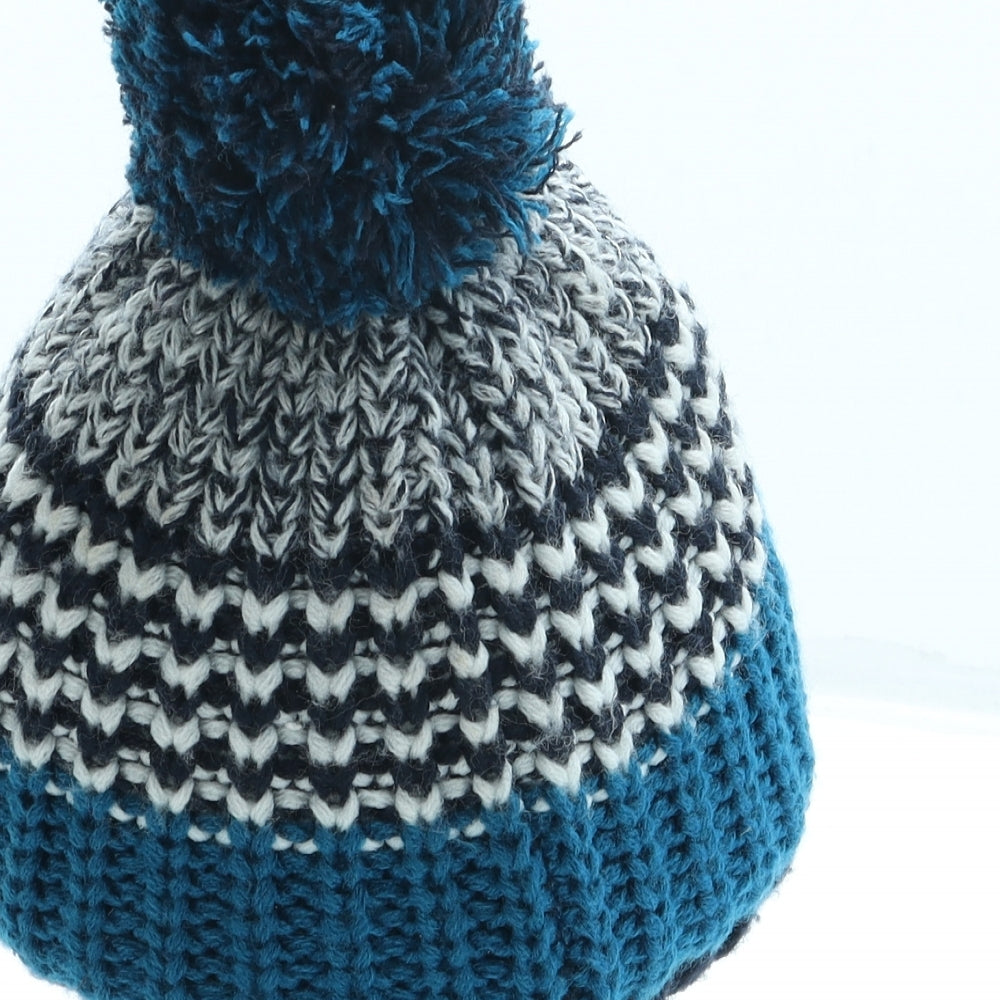 F&F Boys Blue Striped Acrylic Bobble Hat One Size - Pom Pom