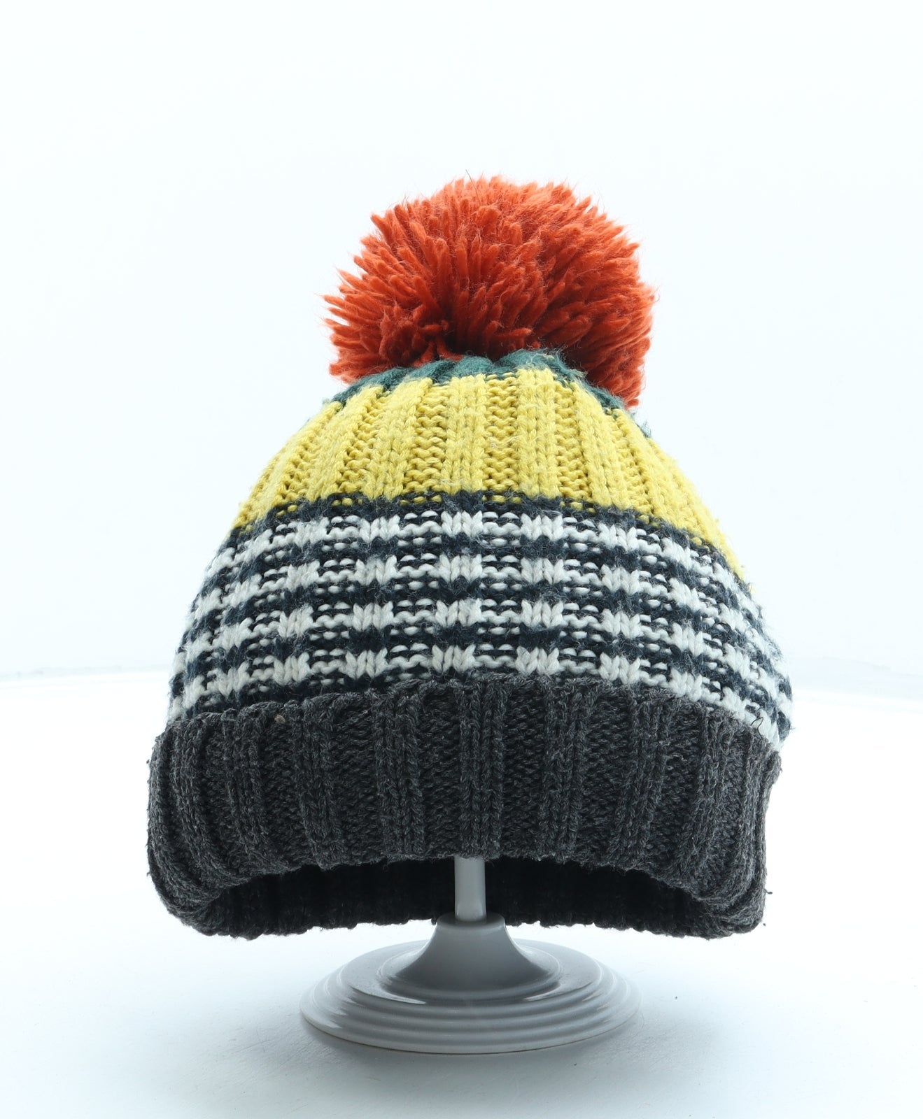 Preworn Boys Grey Striped Acrylic Bobble Hat One Size - Pom Pom