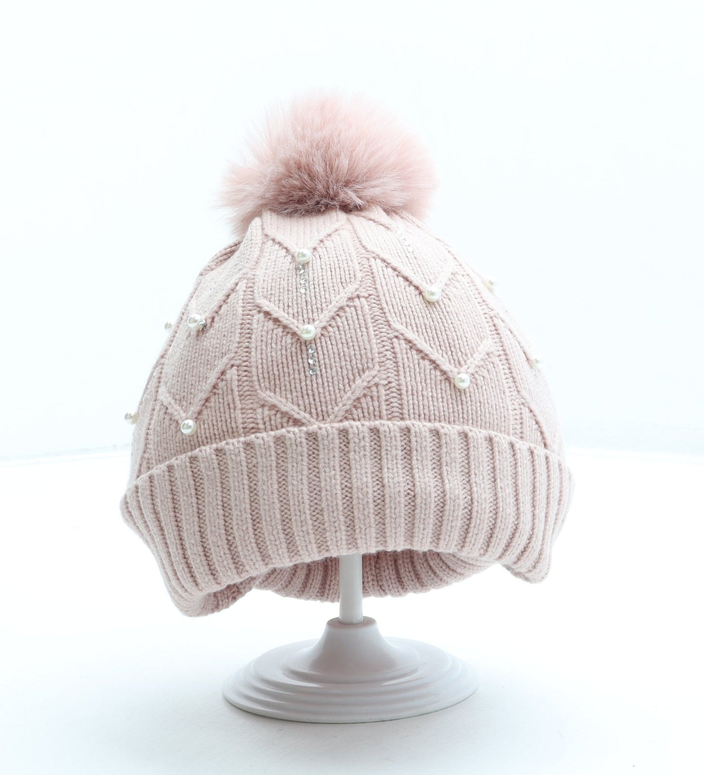 Primark Girls Pink Acrylic Bobble Hat Size M - Pom Pom