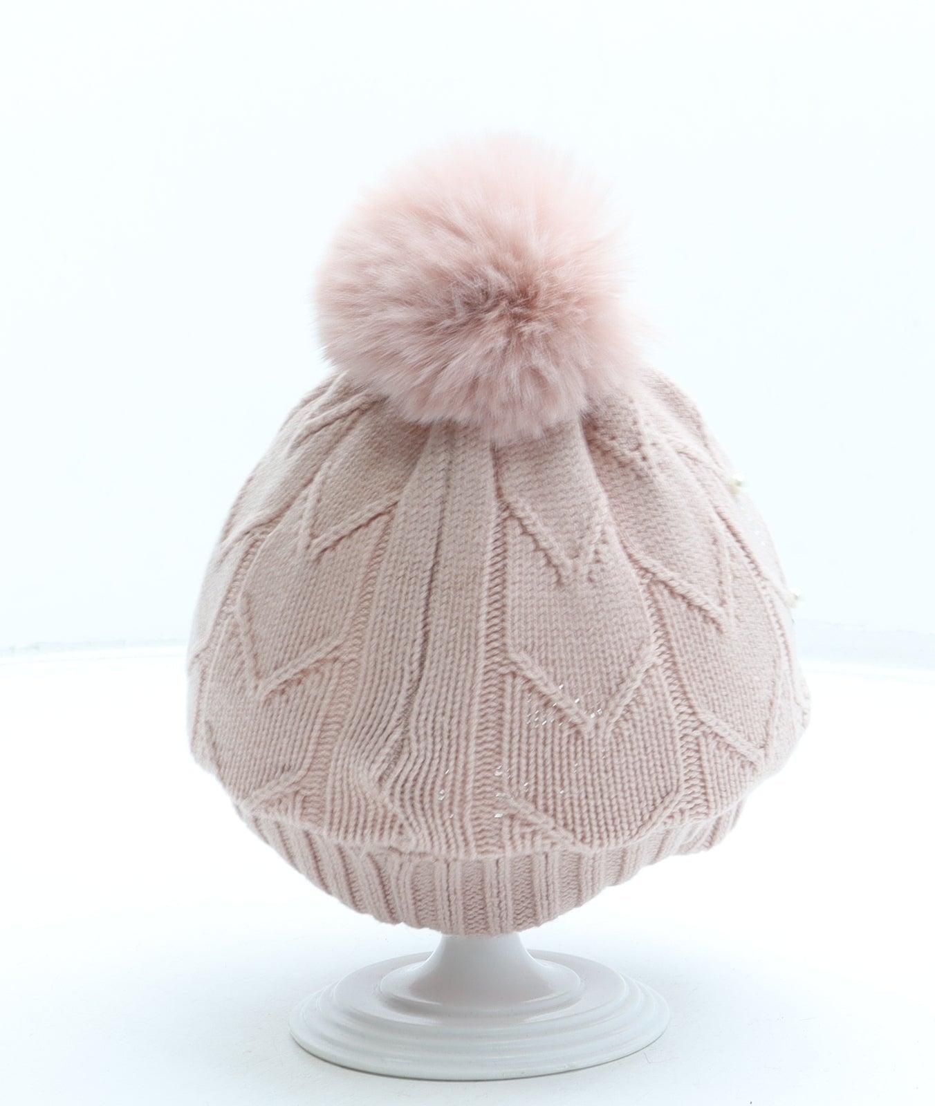 Primark Girls Pink Acrylic Bobble Hat Size M - Pom Pom