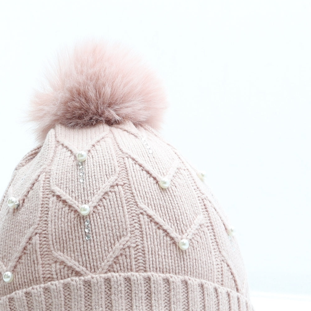 Primark Girls Pink Acrylic Bobble Hat Size M - Pom Pom