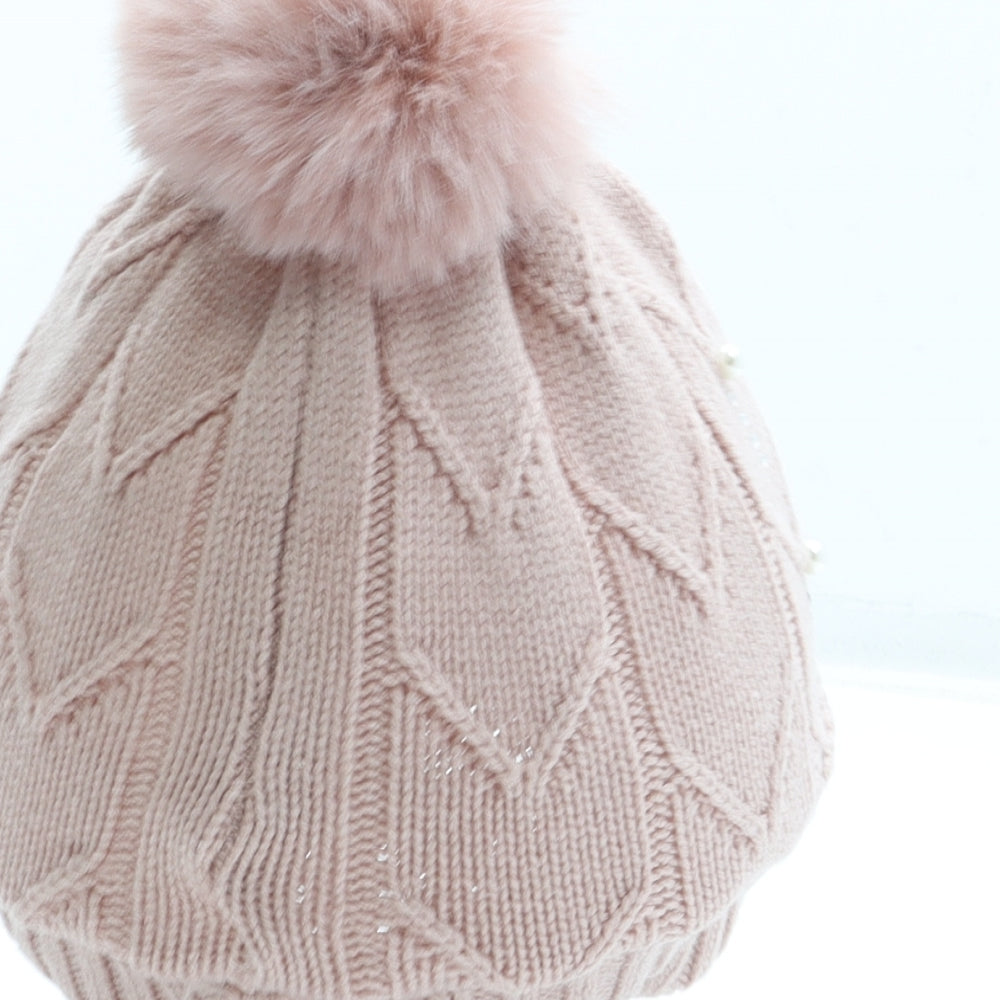 Primark Girls Pink Acrylic Bobble Hat Size M - Pom Pom