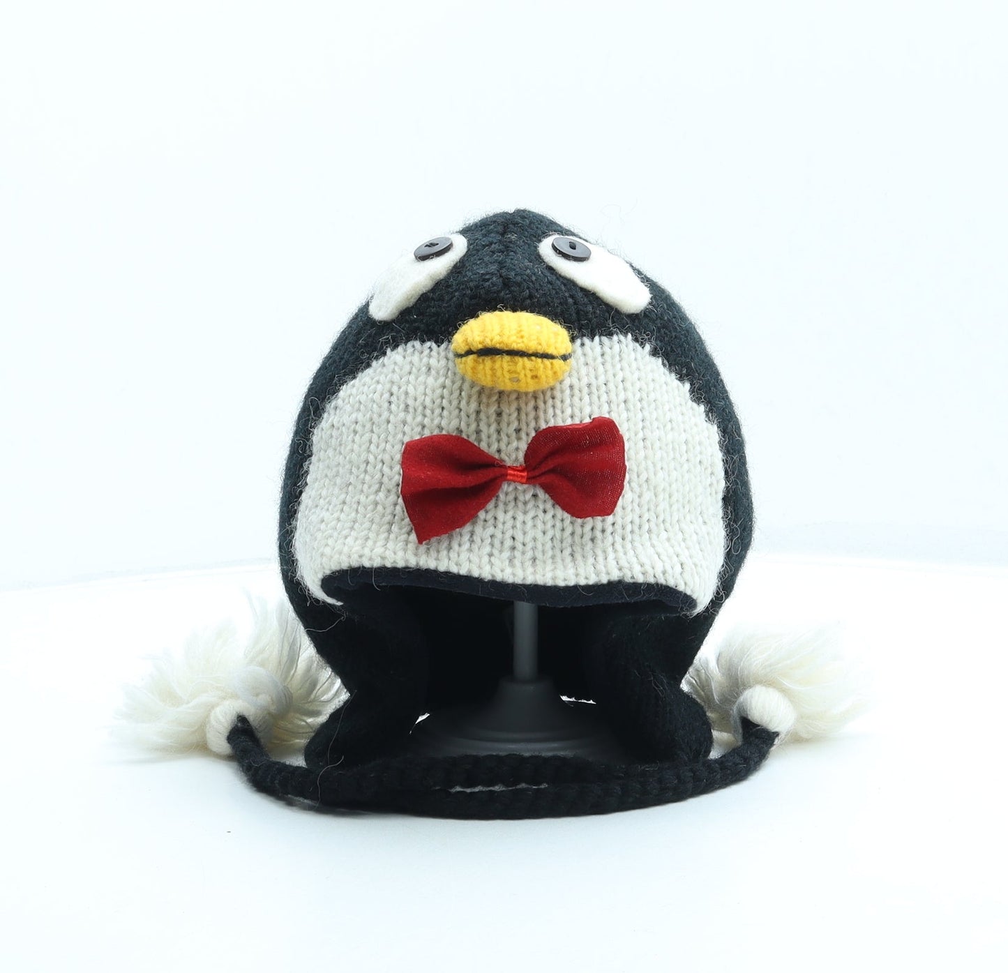 Preworn Girls Black 100% Wool Bonnet One Size - Penguin Design