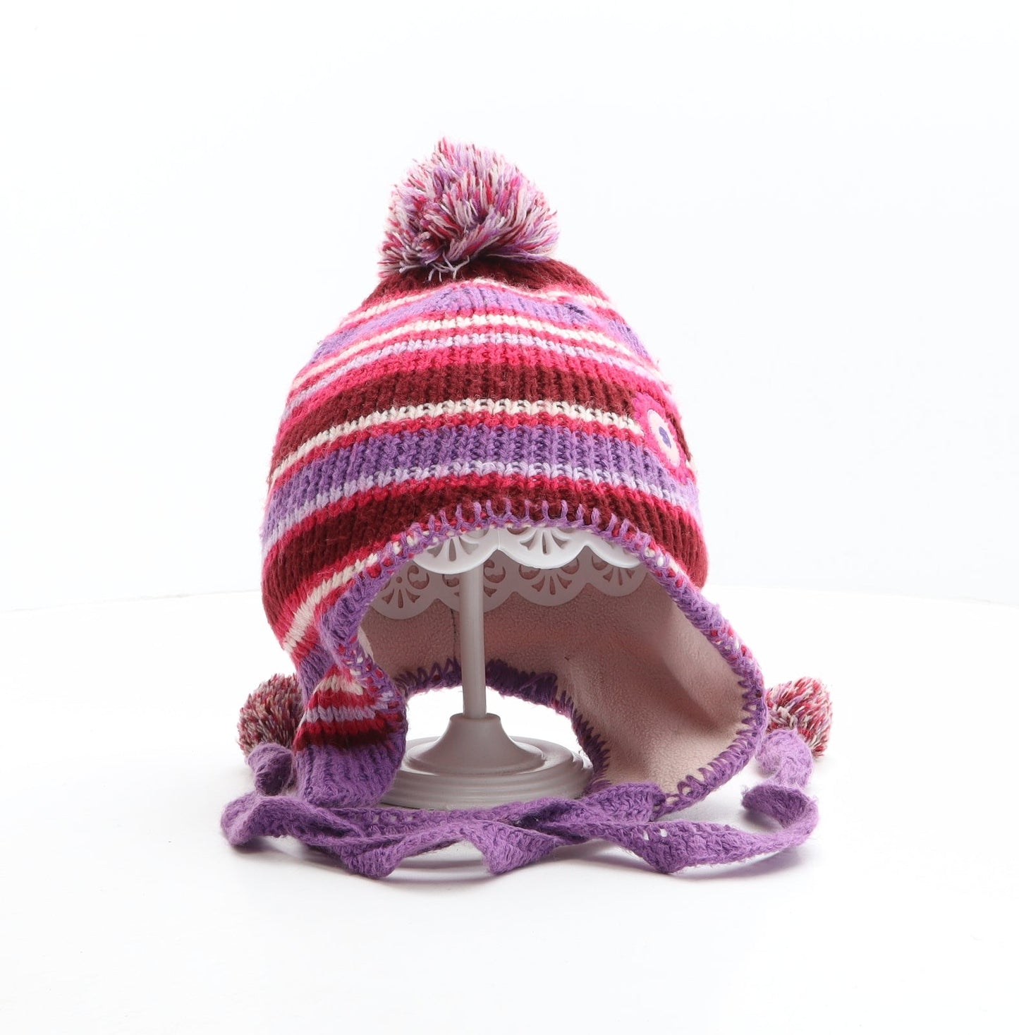 Preworn Girls Multicoloured Striped Acrylic Bonnet One Size - Flower detail