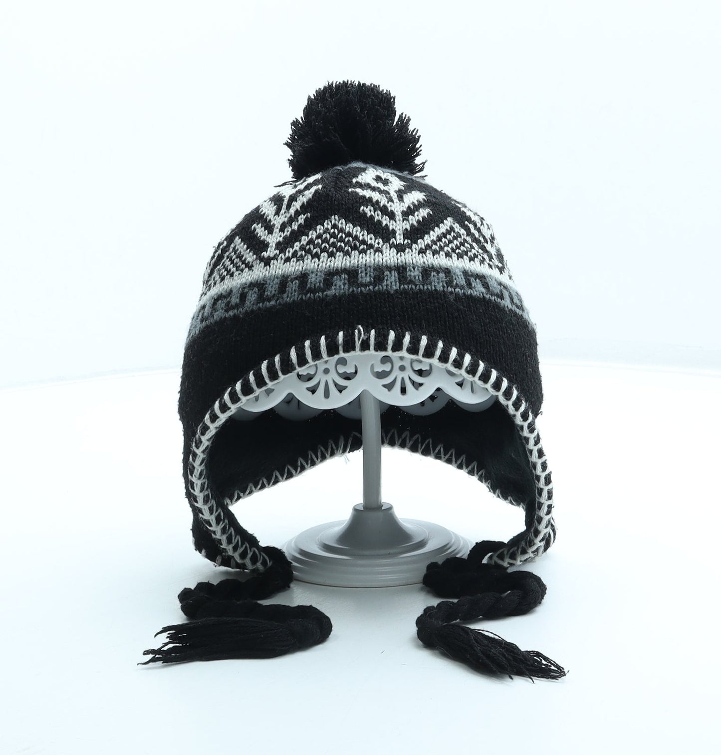 Preworn Boys Black Fair Isle Acrylic Bonnet One Size - Pom Pom