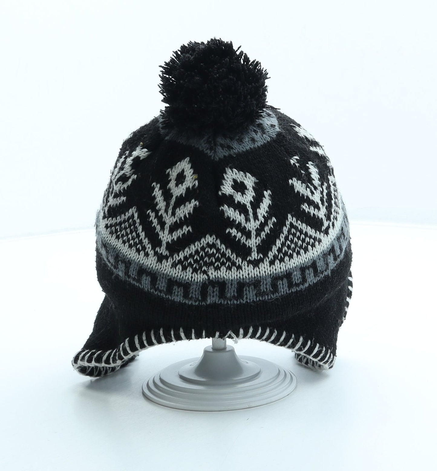 Preworn Boys Black Fair Isle Acrylic Bonnet One Size - Pom Pom