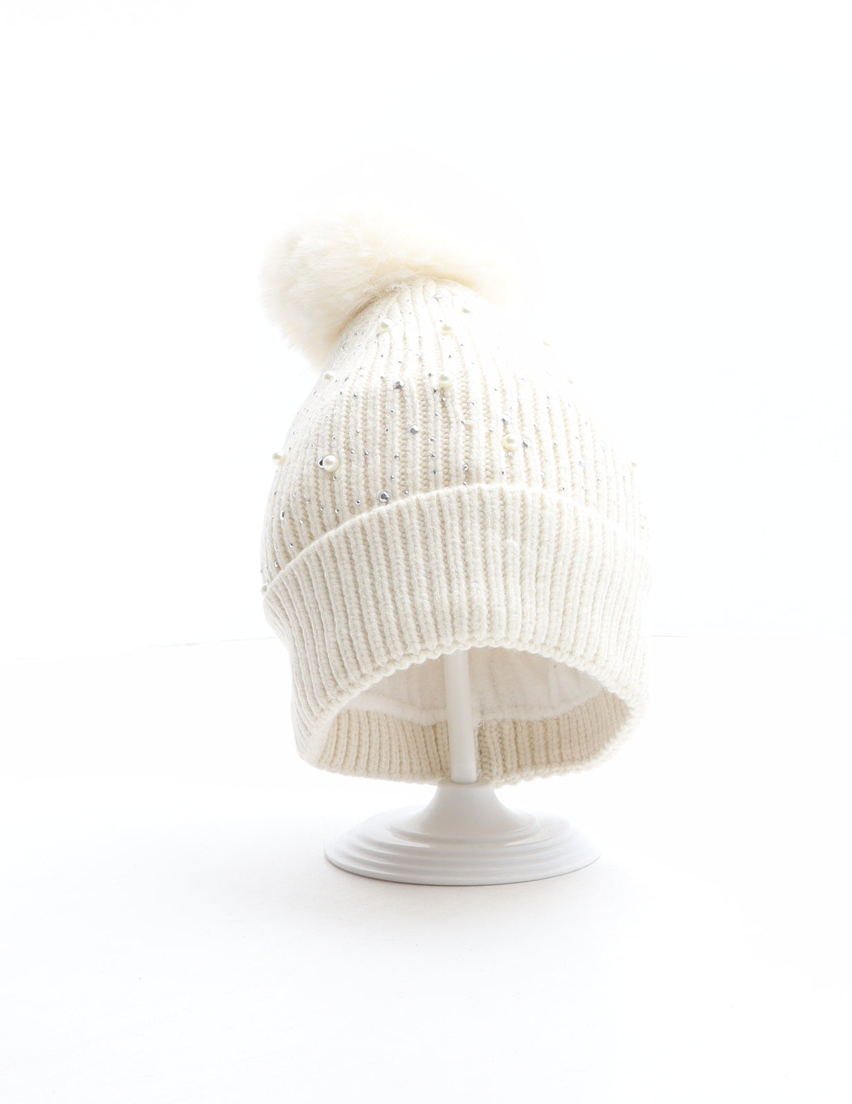 Preworn Girls Ivory Acrylic Bobble Hat One Size - Pear details