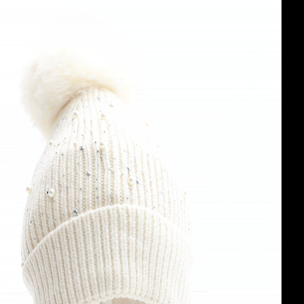 Preworn Girls Ivory Acrylic Bobble Hat One Size - Pear details