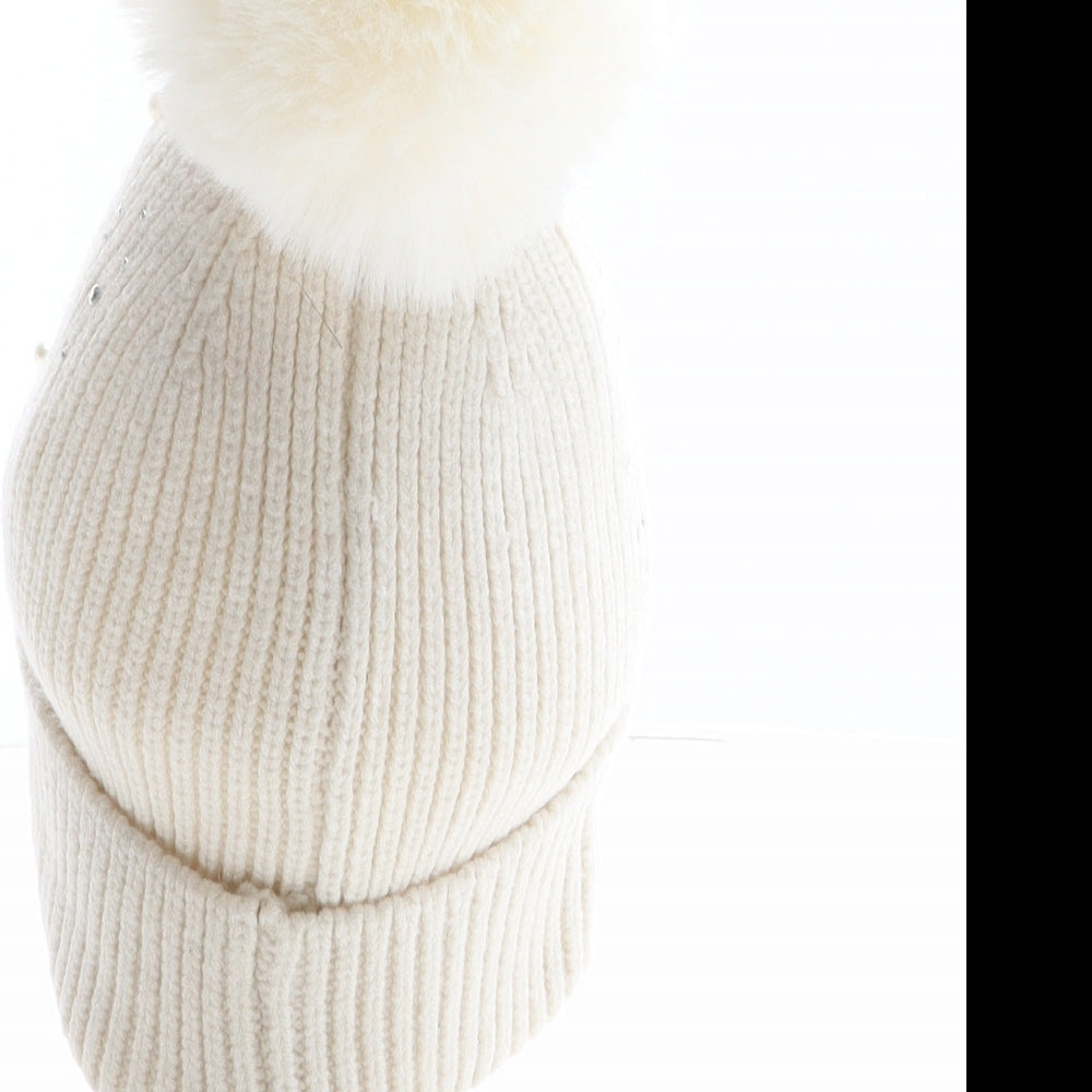 Preworn Girls Ivory Acrylic Bobble Hat One Size - Pear details