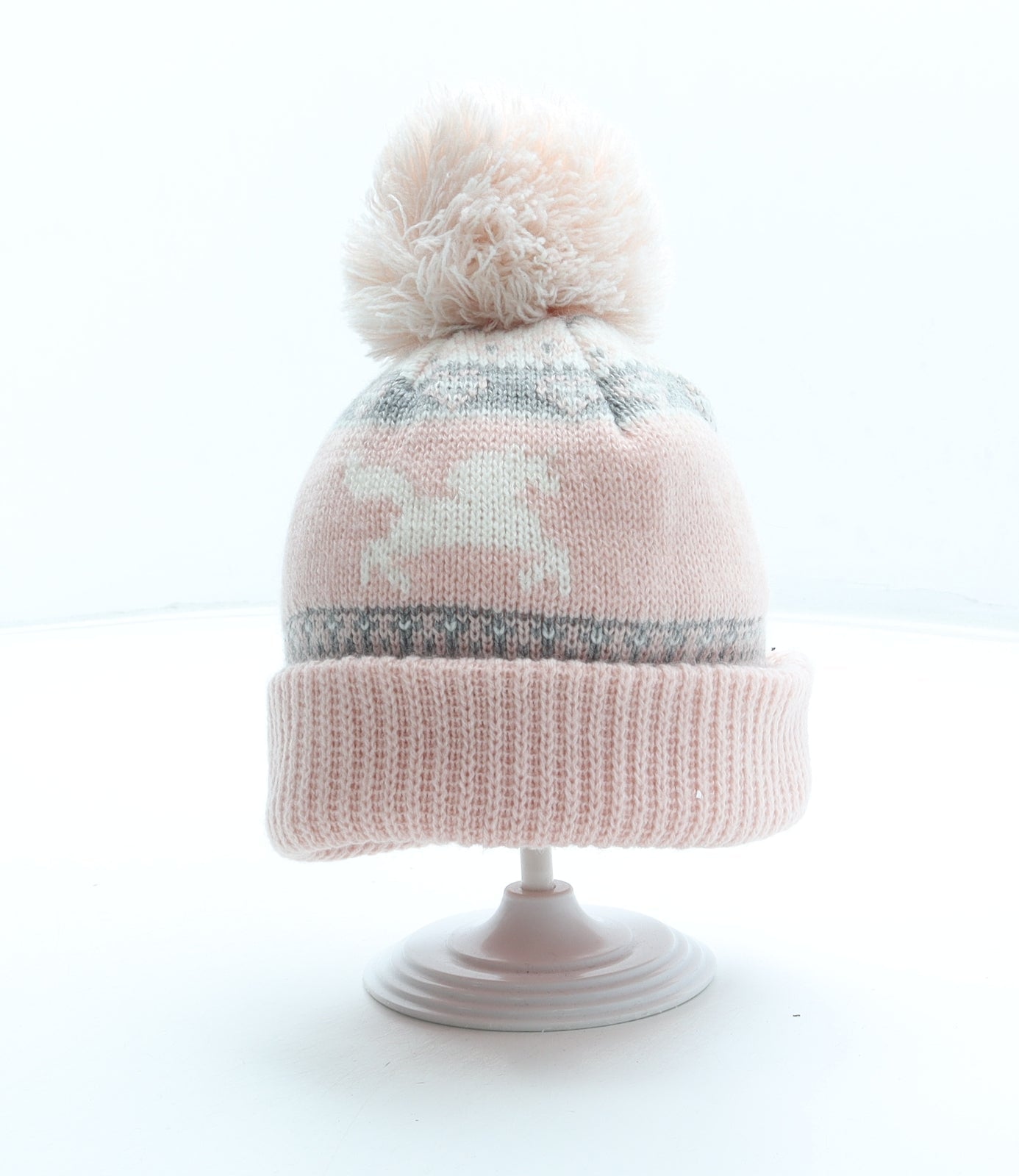 Primark Girls Pink Fair Isle Acrylic Bobble Hat Size S - Unicorn