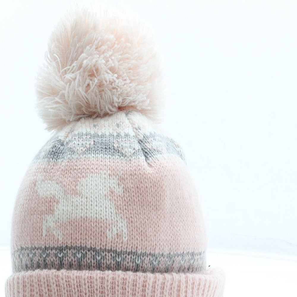 Primark Girls Pink Fair Isle Acrylic Bobble Hat Size S - Unicorn