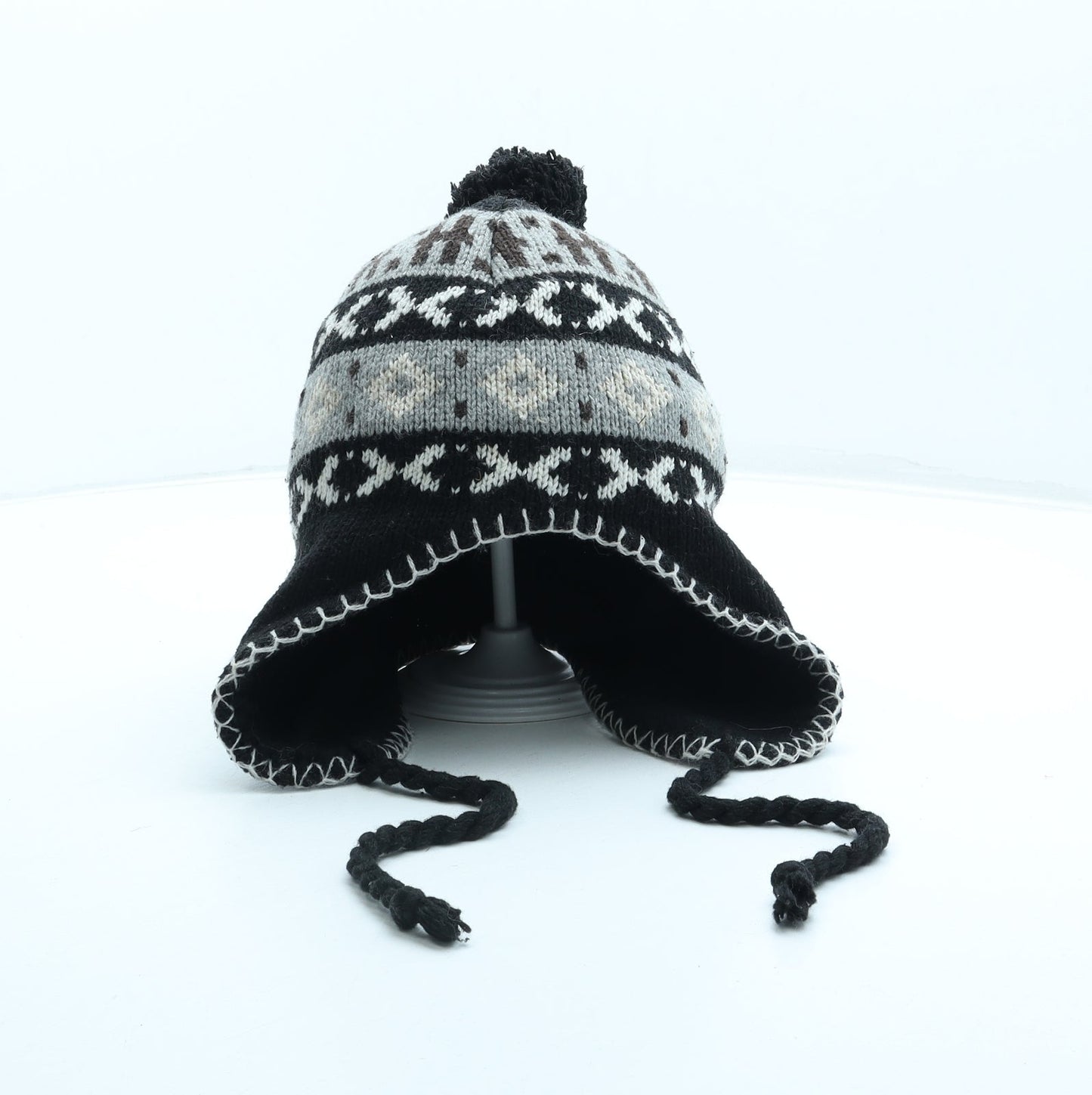 Preworn Boys Black Fair Isle Acrylic Bonnet One Size - Pom Pom