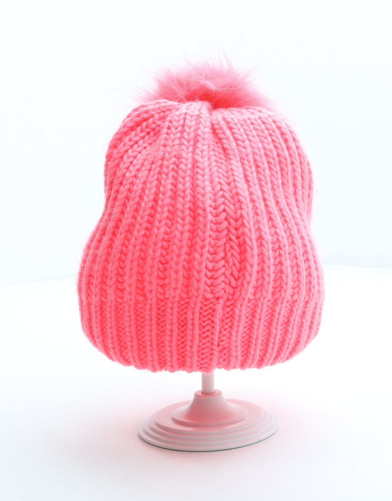 Preworn Girls Pink Geometric Acrylic Bobble Hat One Size - Alphabet K Faux Fur