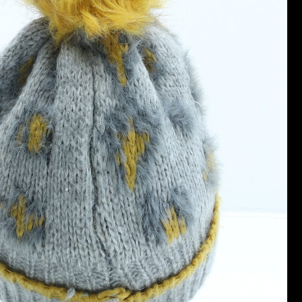 George Girls Grey Animal Print Acrylic Bobble Hat One Size - Leopard print