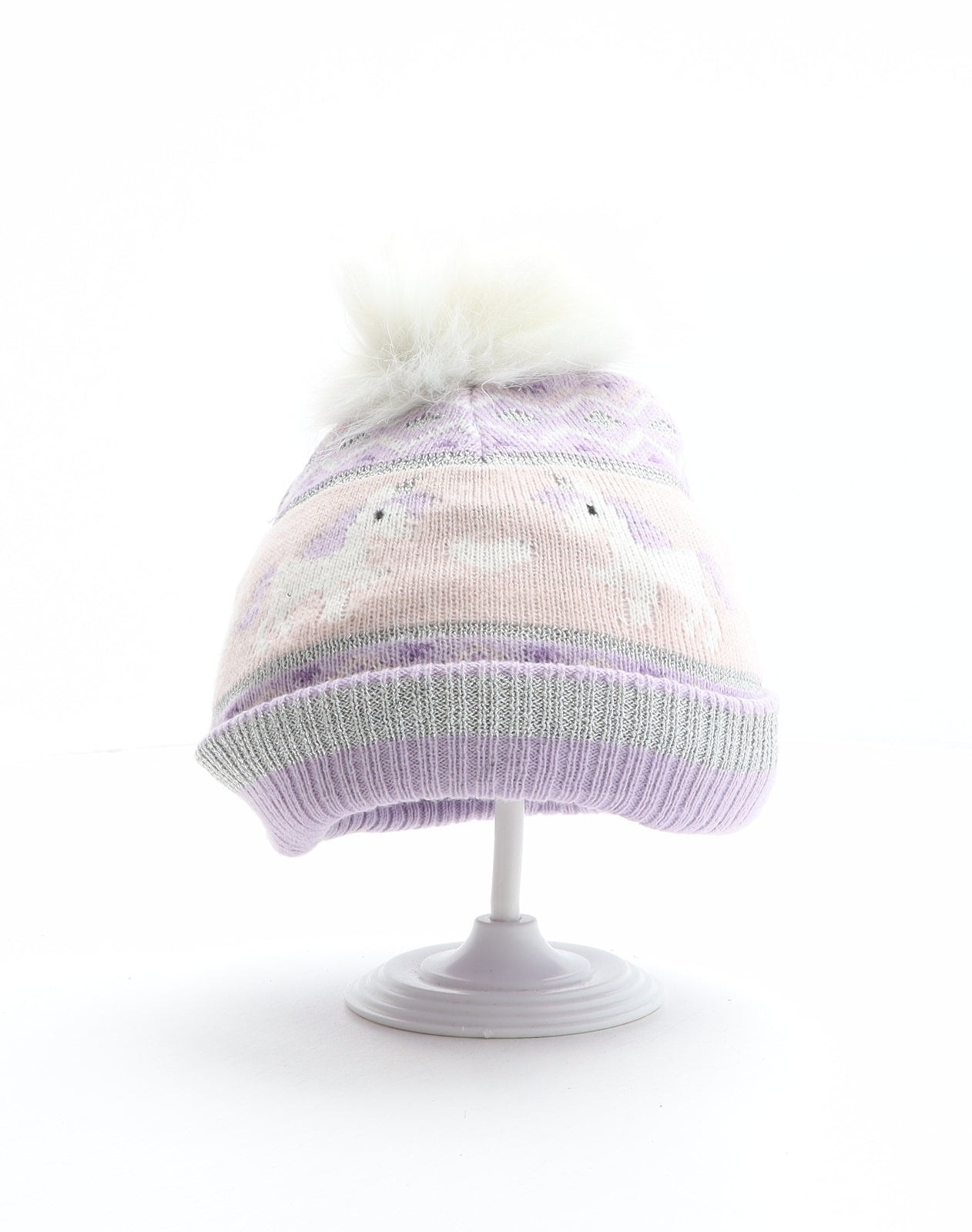 Preworn Girls Multicoloured Fair Isle Acrylic Bobble Hat One Size - Unicorn pattern, Heart pattern