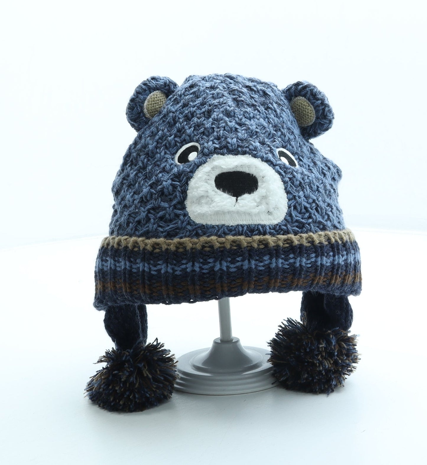 Preworn Boys Blue Acrylic Bonnet Size S - Bear Ears Pom Pom