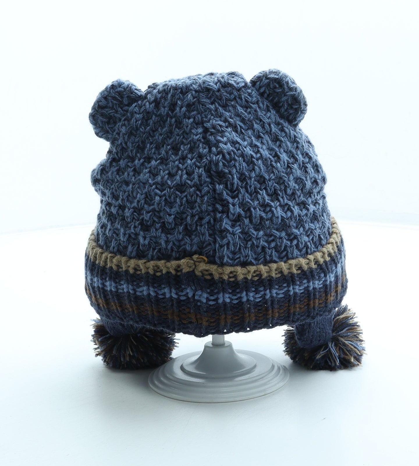 Preworn Boys Blue Acrylic Bonnet Size S - Bear Ears Pom Pom