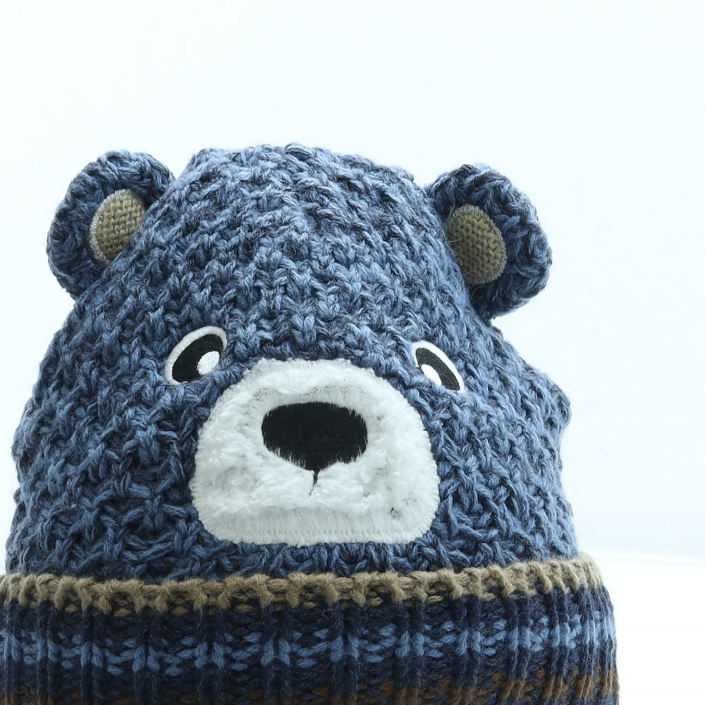 Preworn Boys Blue Acrylic Bonnet Size S - Bear Ears Pom Pom