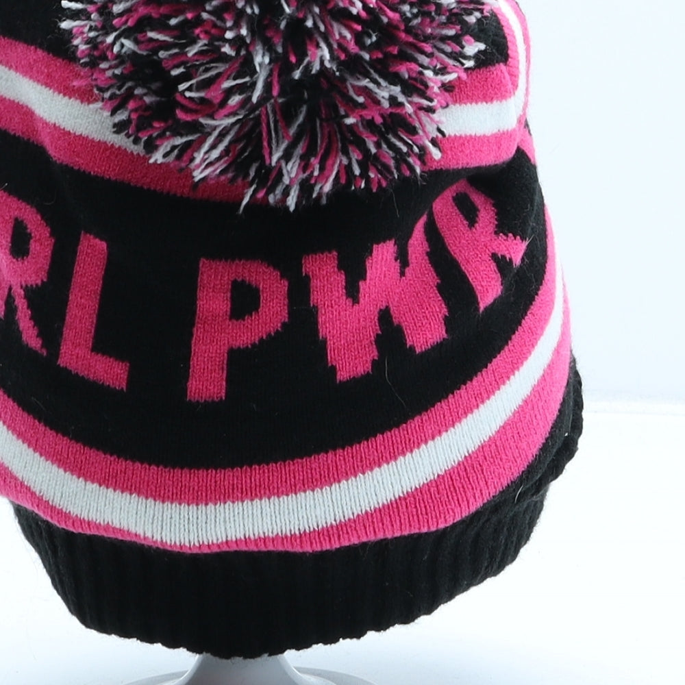 Primark Girls Black Striped Acrylic Bobble Hat One Size - Girl Power
