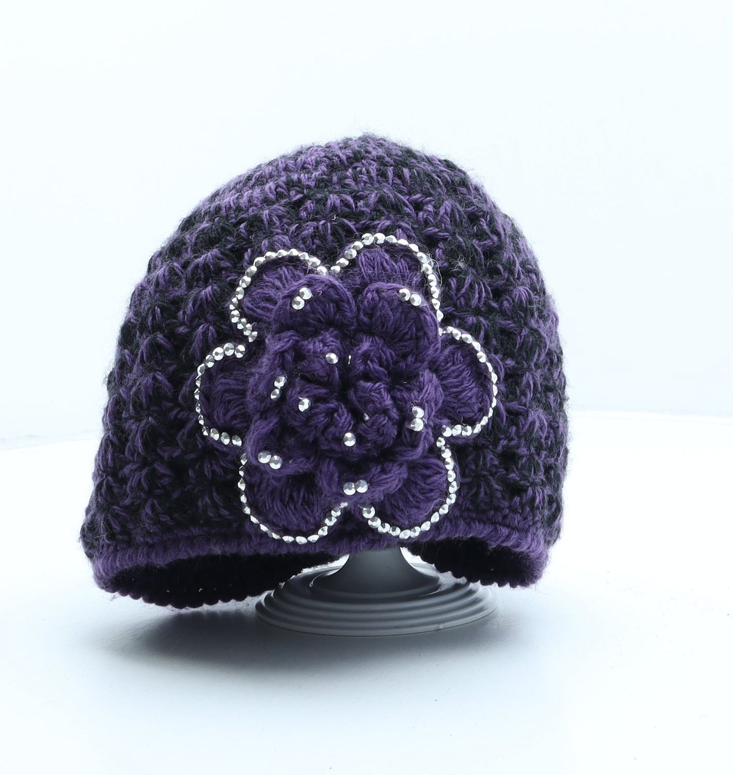 Preworn Womens Purple Polyester Beanie One Size - Flower Detail