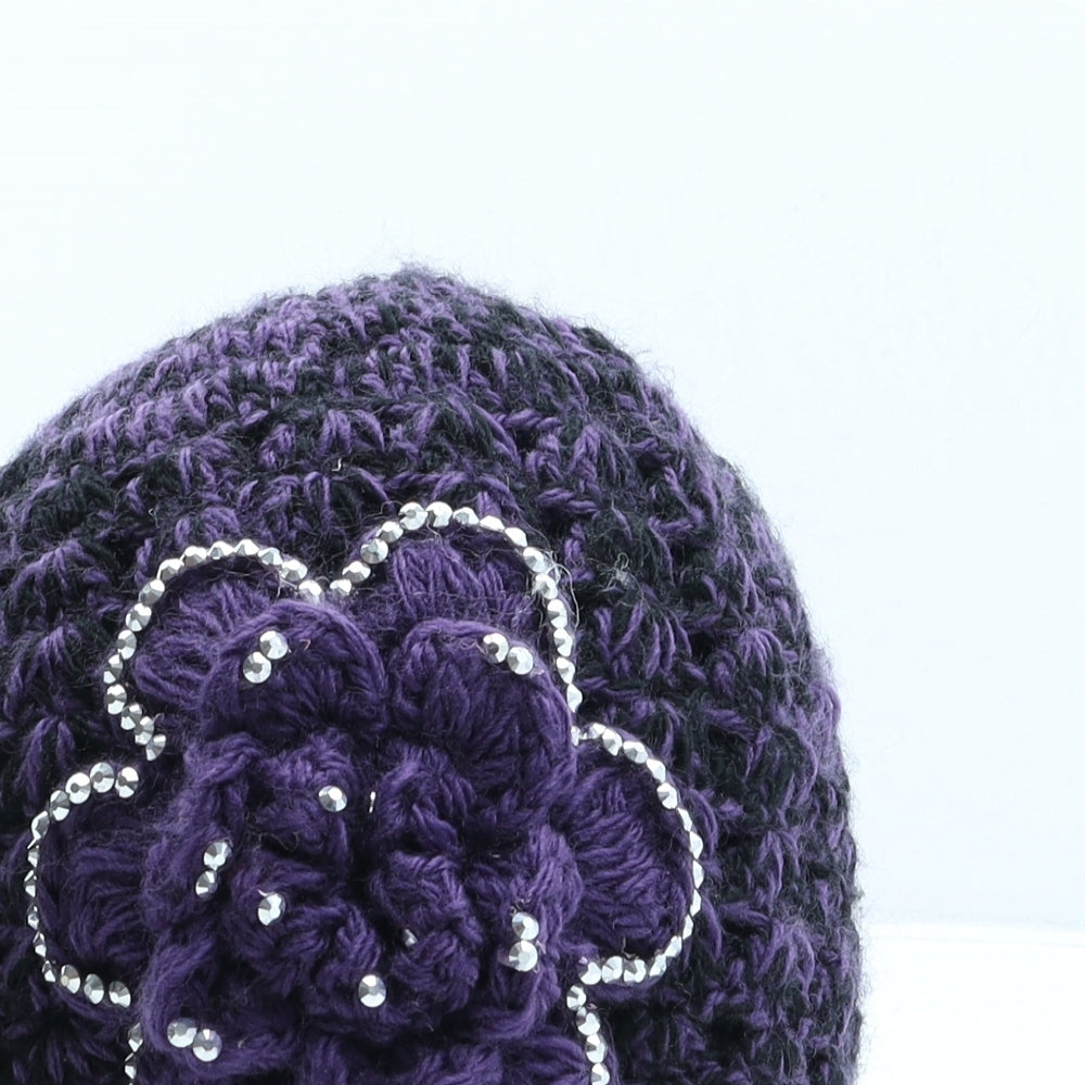 Preworn Womens Purple Polyester Beanie One Size - Flower Detail