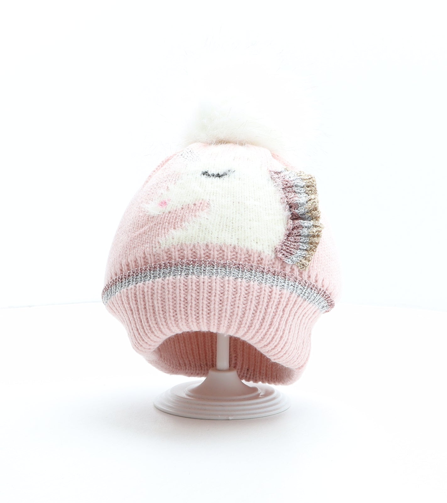 Preworn Girls Pink Acrylic Bobble Hat One Size - Unicorn Design