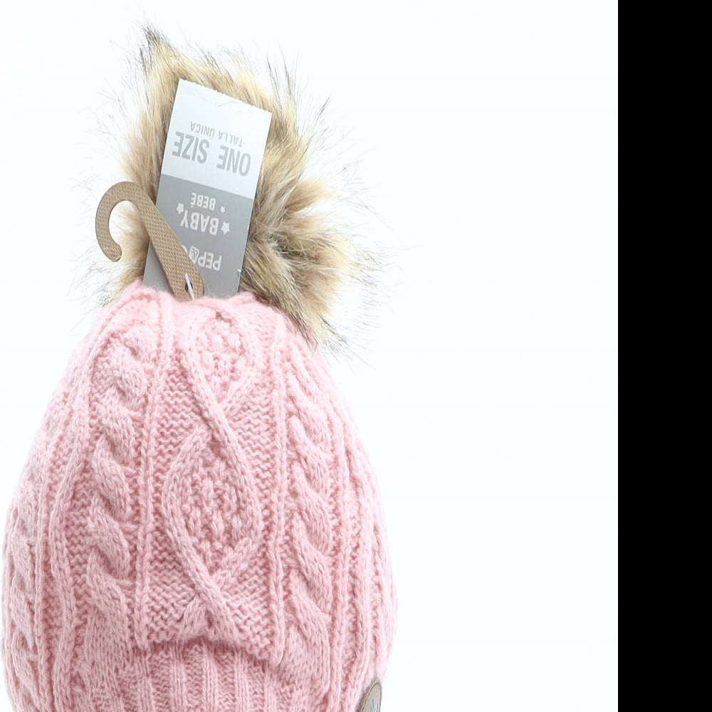 PEP&CO Girls Pink Acrylic Bobble Hat One Size - Flower Detail