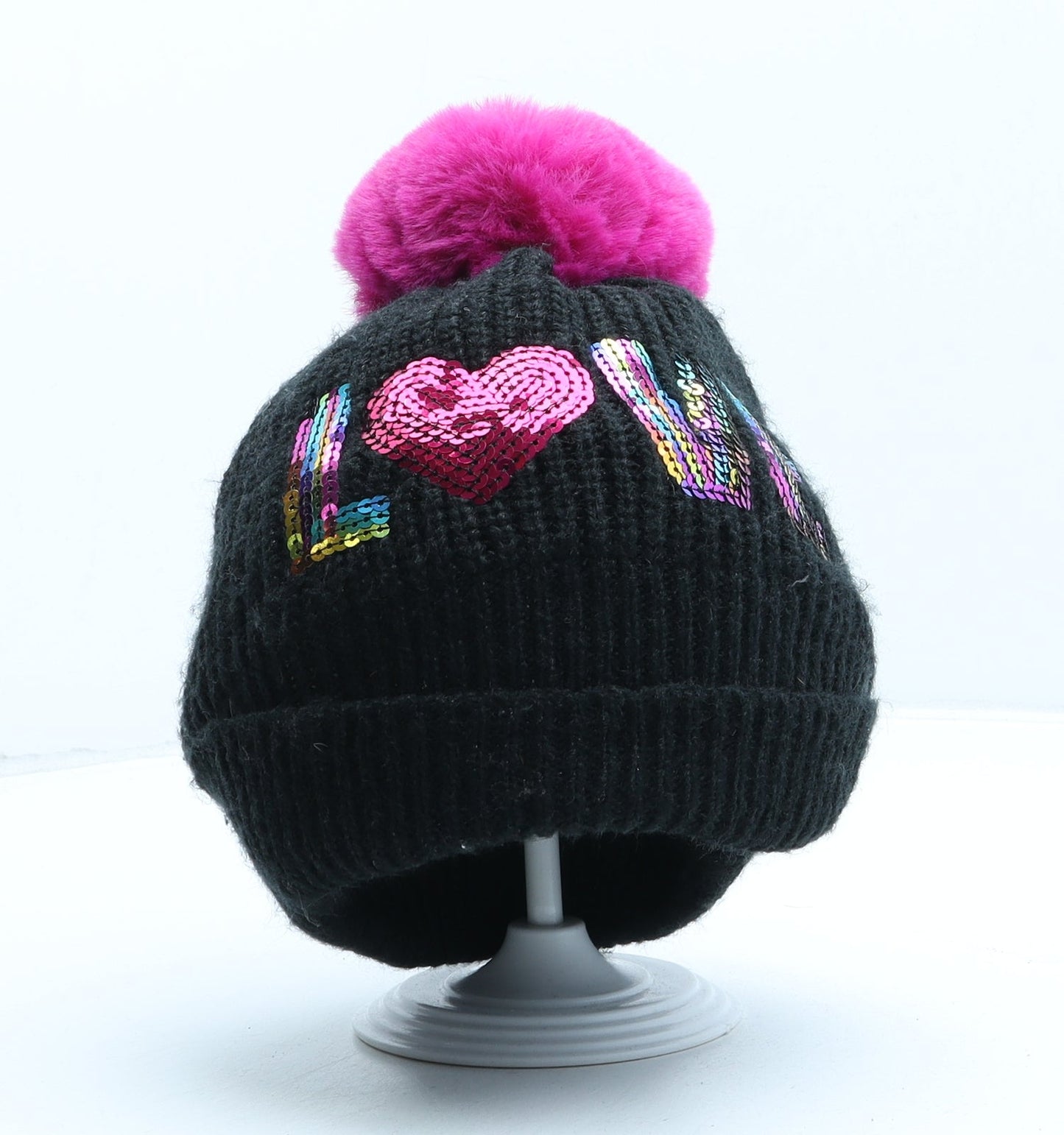 George Girls Black Acrylic Bobble Hat One Size - Love