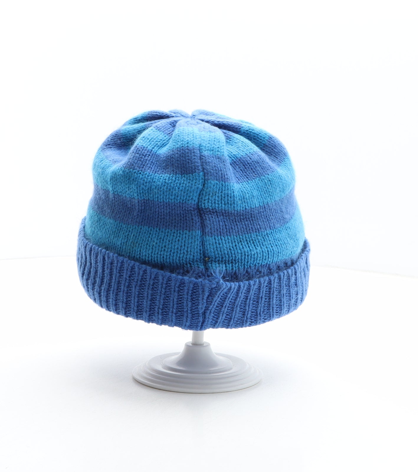 Preworn Boys Blue Striped Acrylic Beanie One Size - Shark Detail