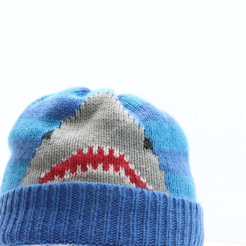 Preworn Boys Blue Striped Acrylic Beanie One Size - Shark Detail
