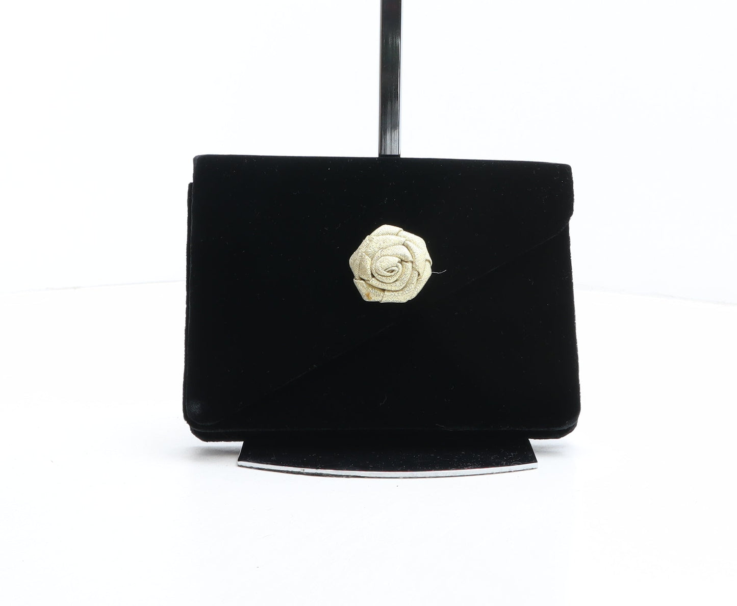 Preworn Womens Black Solid Polyester Clutch Size Small - Flower Detail, Rose Detail, Detachable detail