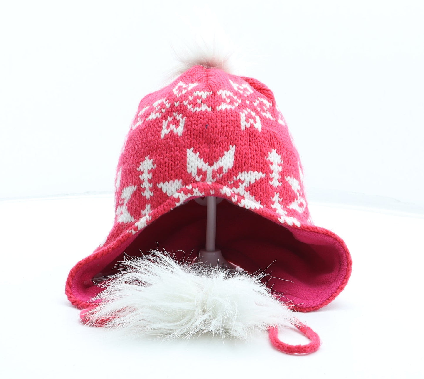 Preworn Girls Pink Fair Isle Acrylic Bonnet One Size - Pom Pom