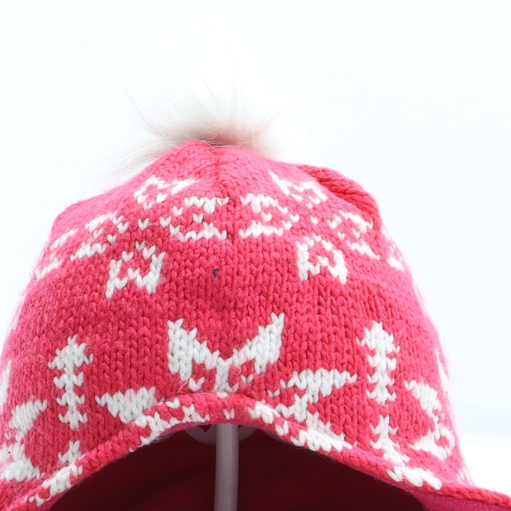 Preworn Girls Pink Fair Isle Acrylic Bonnet One Size - Pom Pom
