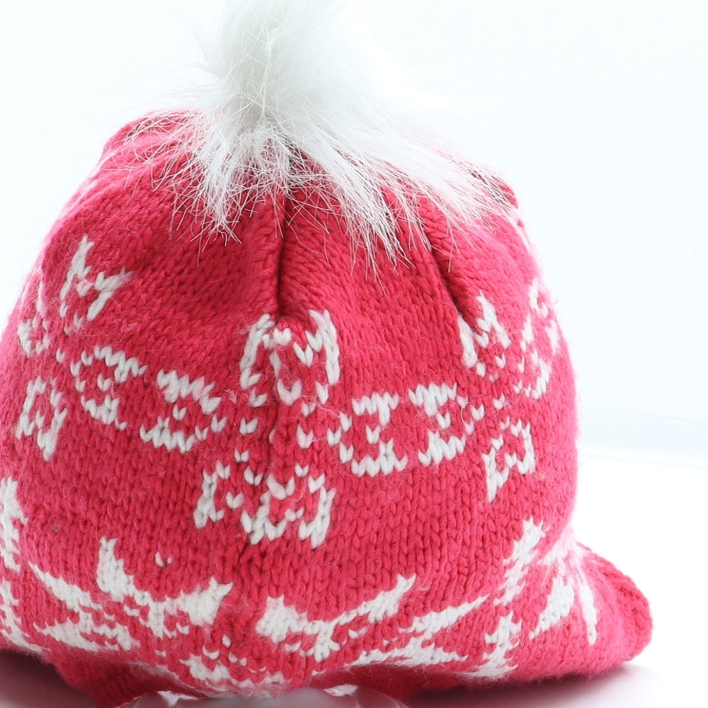 Preworn Girls Pink Fair Isle Acrylic Bonnet One Size - Pom Pom