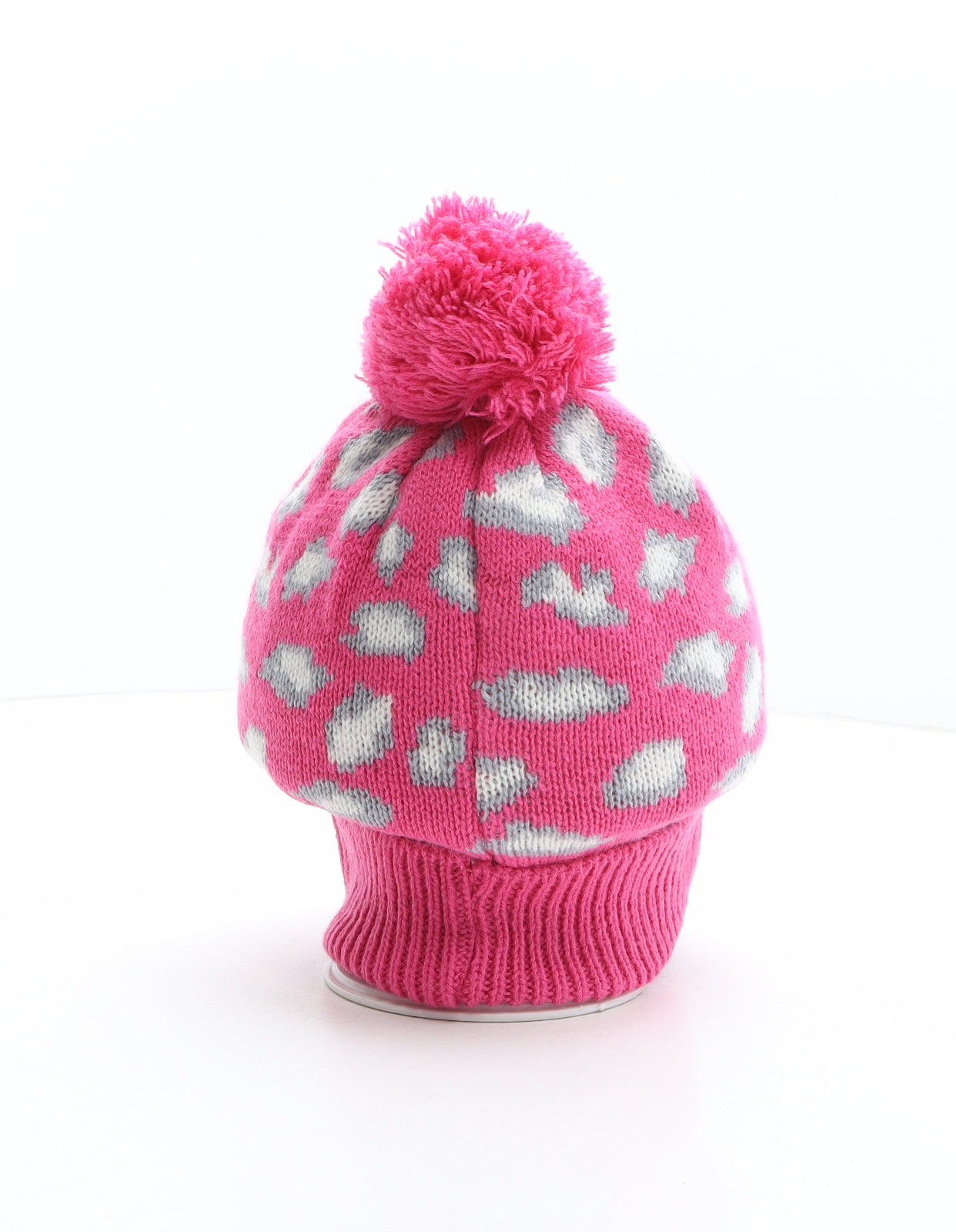 Preworn Girls Pink Animal Print Acrylic Bobble Hat One Size - Leopard print