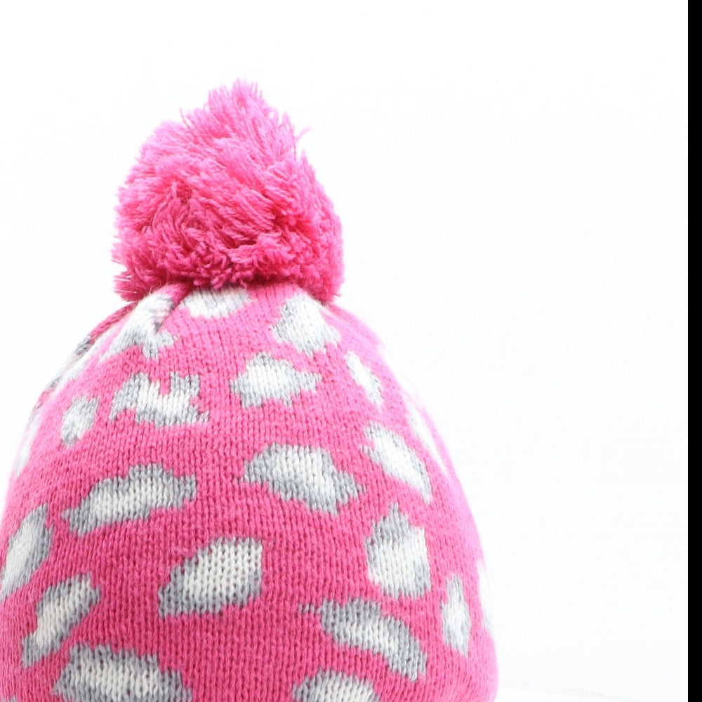 Preworn Girls Pink Animal Print Acrylic Bobble Hat One Size - Leopard print