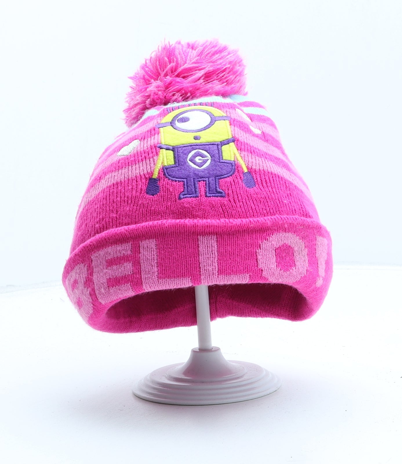 George Womens Pink Striped Acrylic Bobble Hat One Size - Minions UK Size 4-8 Years