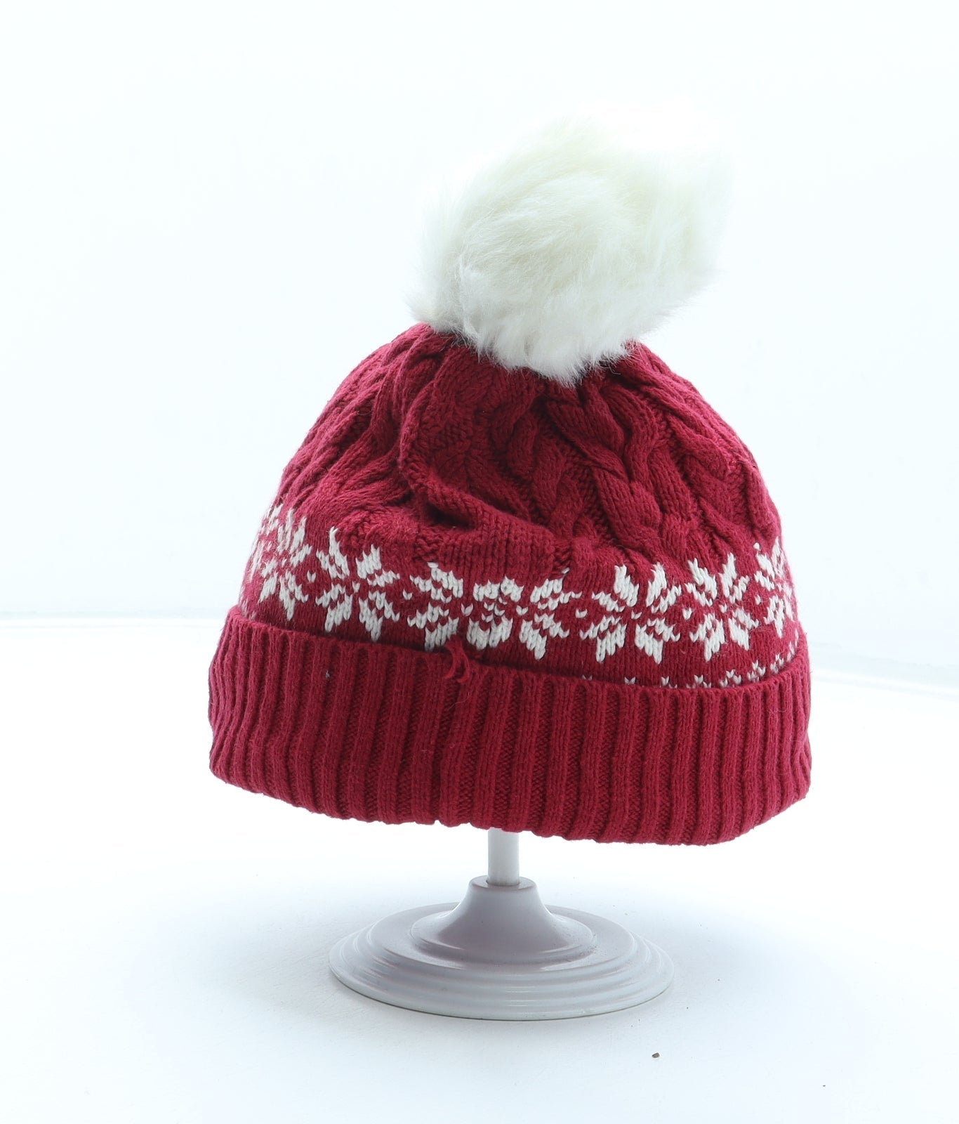 Preworn Girls Red Fair Isle Acrylic Bobble Hat One Size - Size 4-5 Years