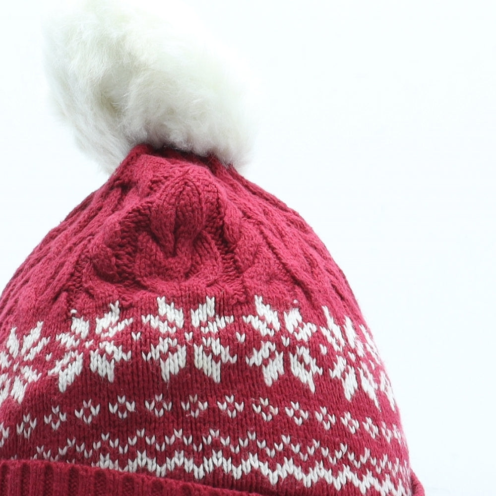 Preworn Girls Red Fair Isle Acrylic Bobble Hat One Size - Size 4-5 Years