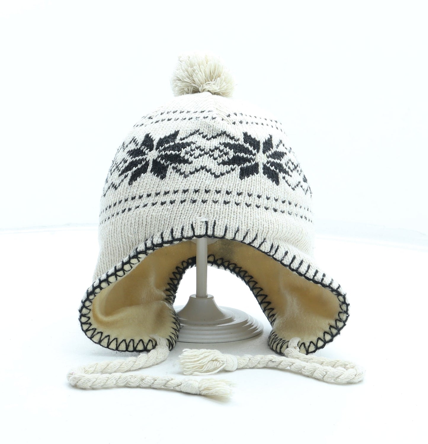 Preworn Girls Beige Fair Isle Wool Bobble Hat One Size