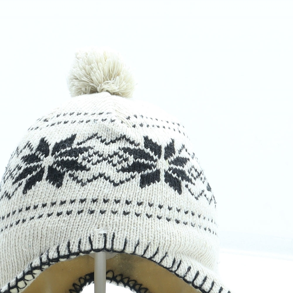 Preworn Girls Beige Fair Isle Wool Bobble Hat One Size