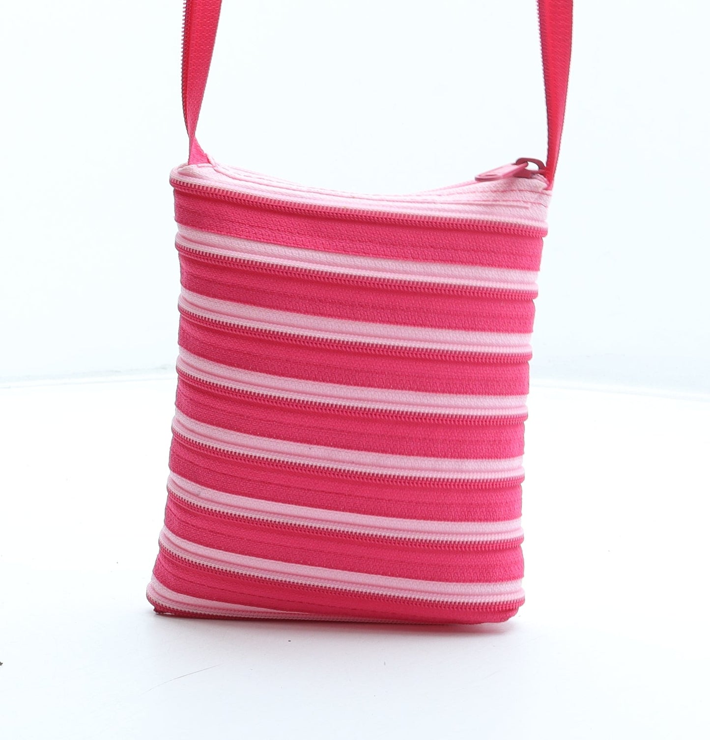Preworn Black Striped Polyester Shoulder Bag Size Small Zip