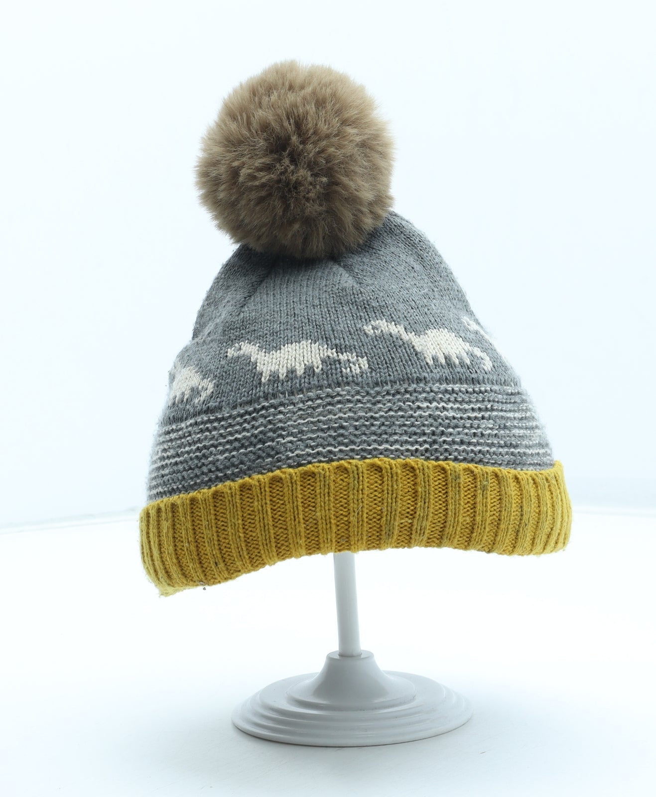 George Boys Grey Geometric Acrylic Bobble Hat Size S - Dinosaur Pattern Size 6-12 Months