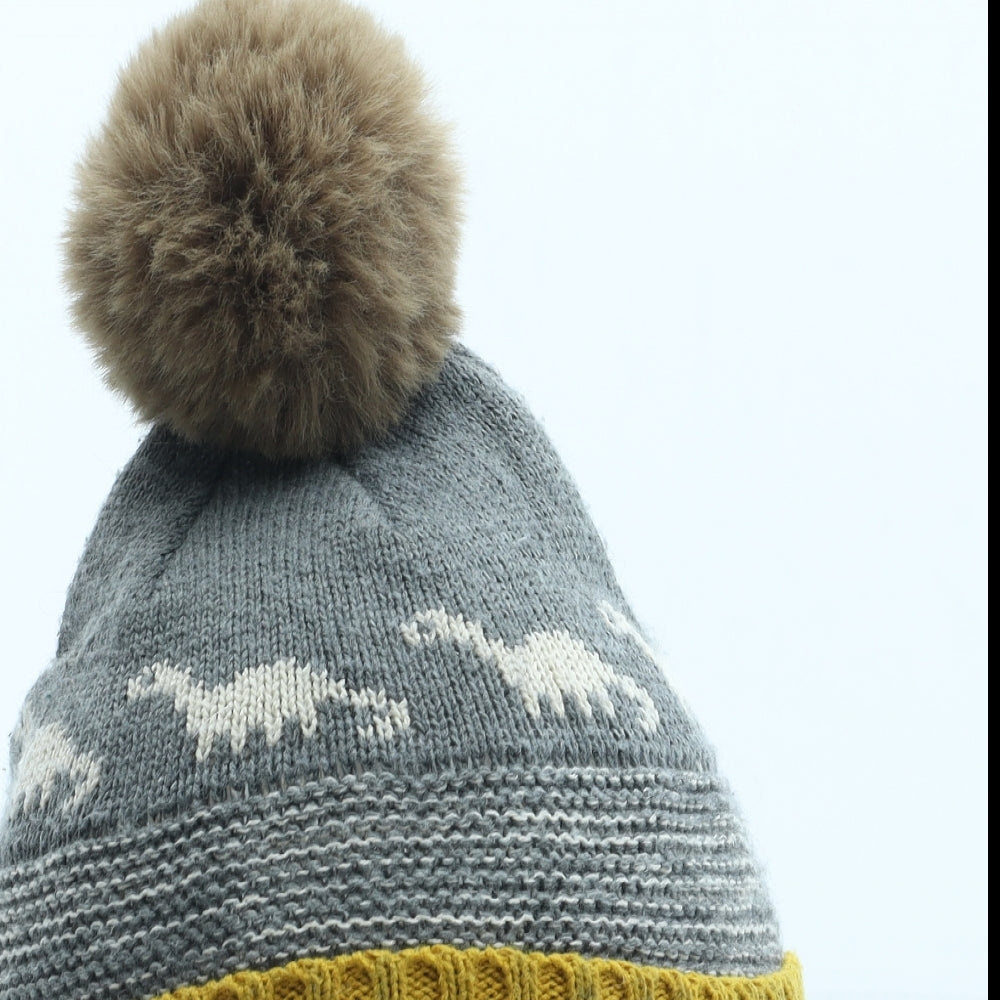 George Boys Grey Geometric Acrylic Bobble Hat Size S - Dinosaur Pattern Size 6-12 Months