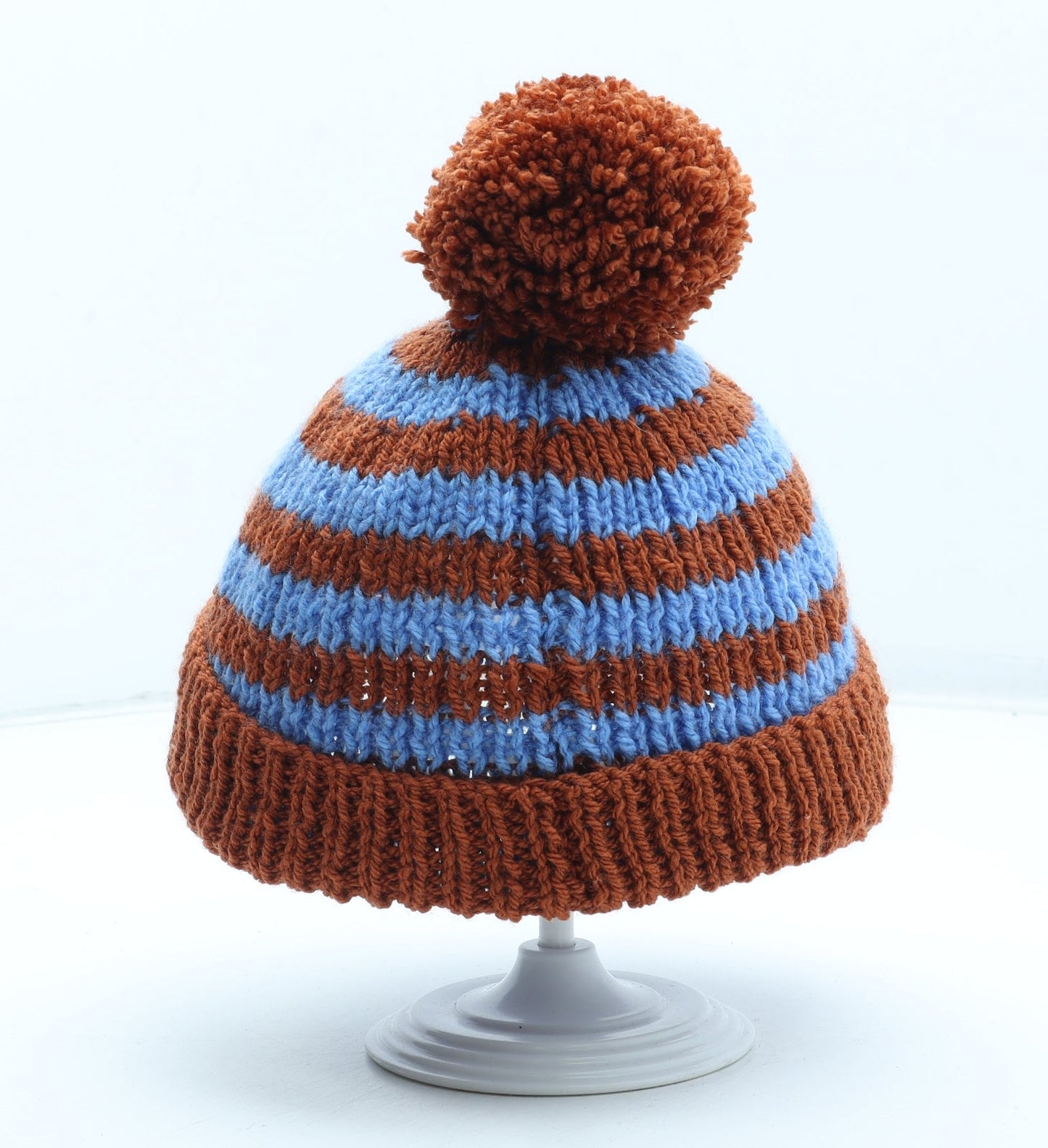 Preworn Mens Multicoloured Striped Acrylic Beanie Size S - Pom Pom Detail