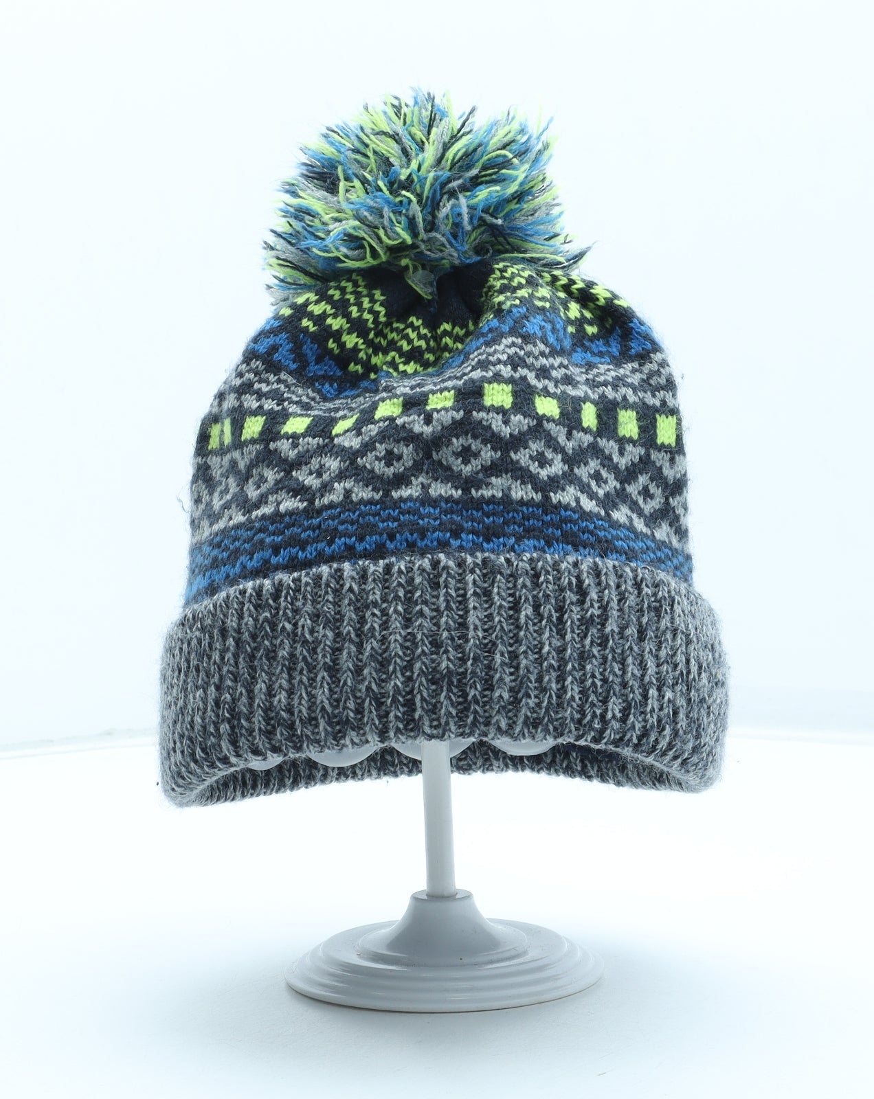 George Boys Blue Fair Isle Acrylic Winter Hat One Size - Bobble Hat