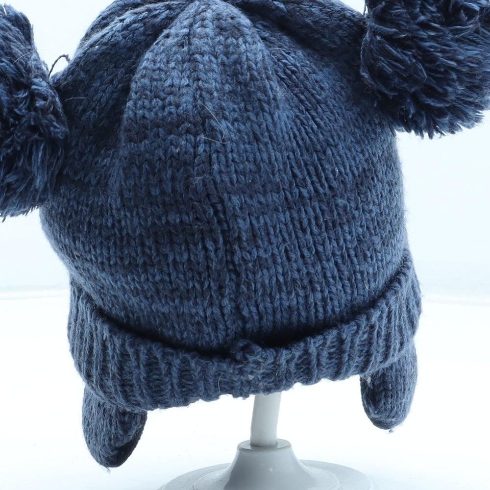 F&F Boys Blue Acrylic Bobble Hat Size S - Bear Detail Size 6-12 Months