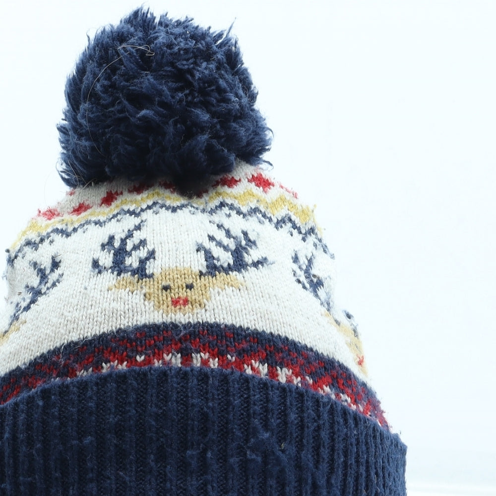 F&F Boys Multicoloured Fair Isle Acrylic Bobble Hat Size S - Reindeer Pattern Size 7-10 Years