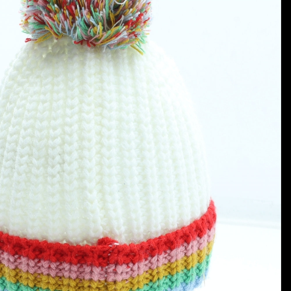 George Girls White Colourblock Acrylic Bobble Hat Size S - Size 1-3 years