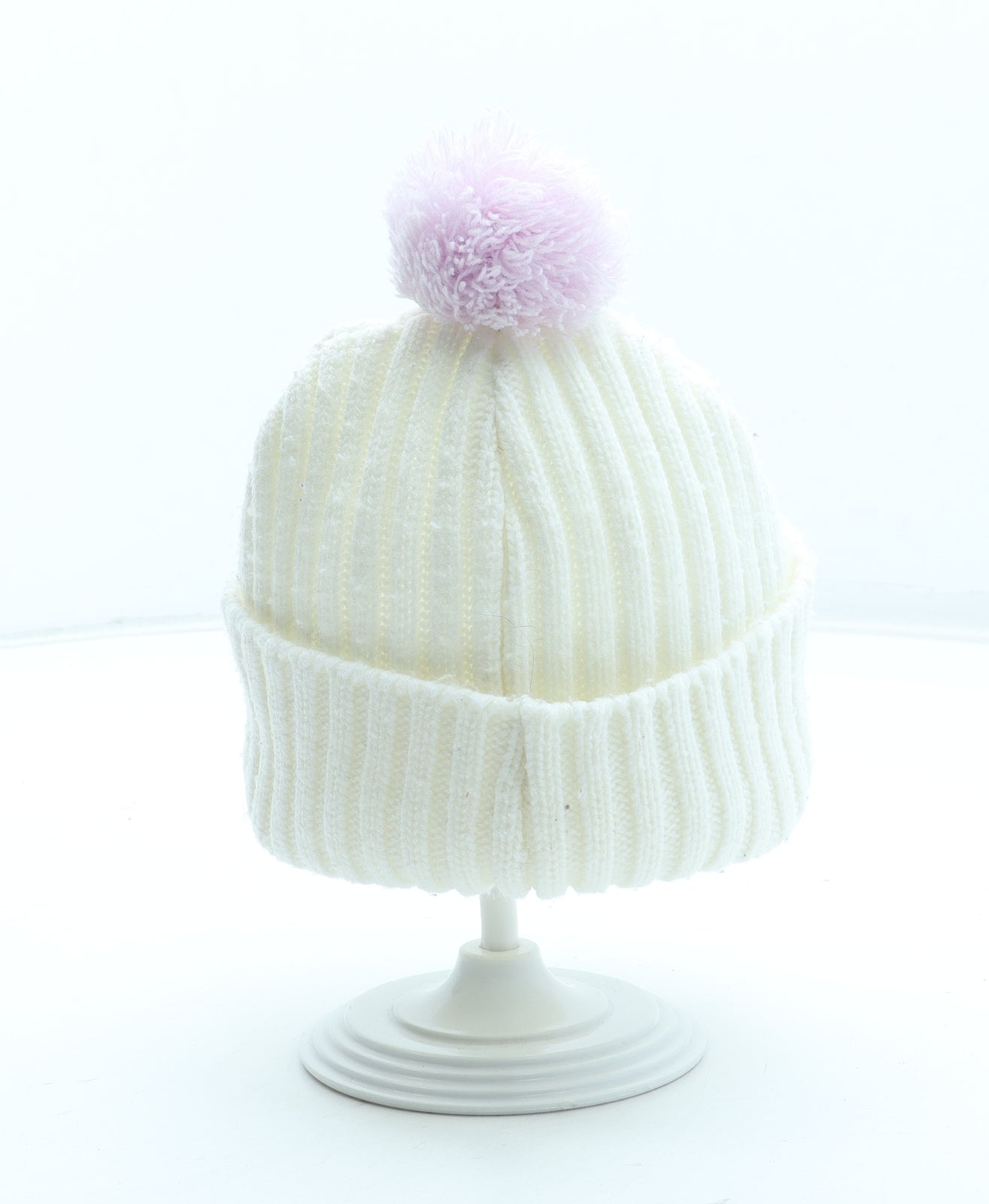 Preworn Girls White Acrylic Bobble Hat Size S - Butterfly Pattern